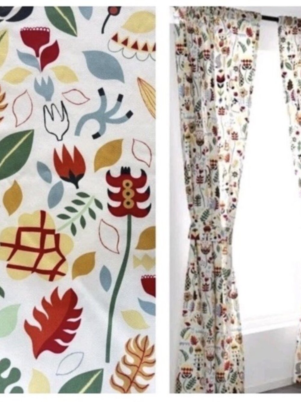 Vintage 1999 IKEA Rodarv curtain panels set Swedish Folk Art Pattern